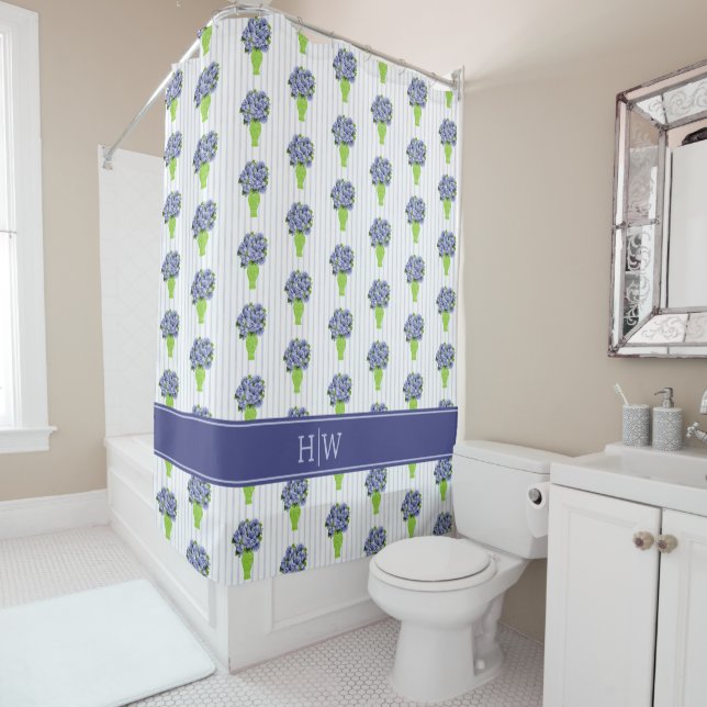  Blue Hydrangea Green Vase Coastal Stripe  (In Situ)