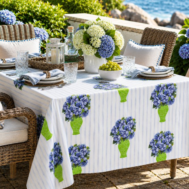  Blue Hydrangea Green Vase Coastal Stripe Pattern Tablecloth (Creator Uploaded)