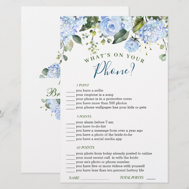 Blue Hydrangea Greenery Bridal Shower Game (Front/Back)