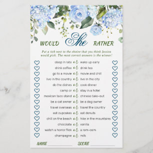 Blue Hydrangea Greenery Bridal Shower Game