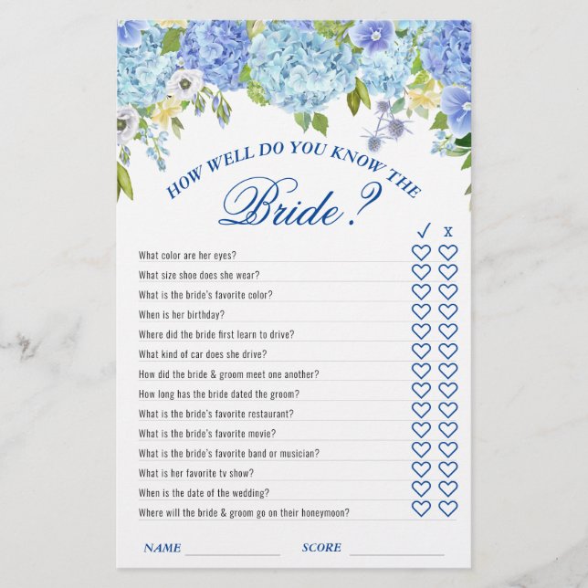 Blue Hydrangea Greenery Bridal Shower Game (Front)