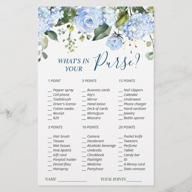 Blue Hydrangea Greenery Bridal Shower Game (Front)