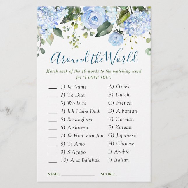 Blue Hydrangea Greenery Bridal Shower Game (Front)