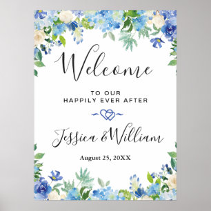 Blue Hydrangea  Greenery Chic Wedding Welcome Poster