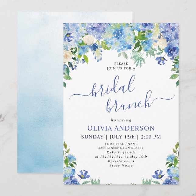Blue Hydrangea Greenery Watercolor Bridal Brunch Invitation (Front/Back)