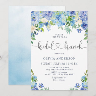 Blue Hydrangea Greenery Watercolor Bridal Brunch Invitation