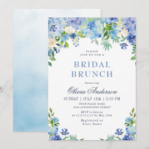 Blue Hydrangea Greenery Watercolor Bridal Brunch Invitation