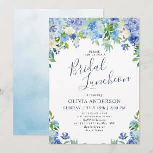 Blue Hydrangea Greenery Watercolor Bridal Luncheon Invitation