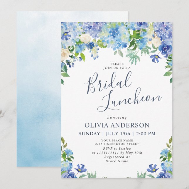 Blue Hydrangea Greenery Watercolor Bridal Luncheon Invitation (Front/Back)