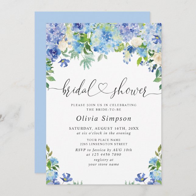 Blue Hydrangea Greenery Watercolor Bridal Shower Invitation (Front/Back)
