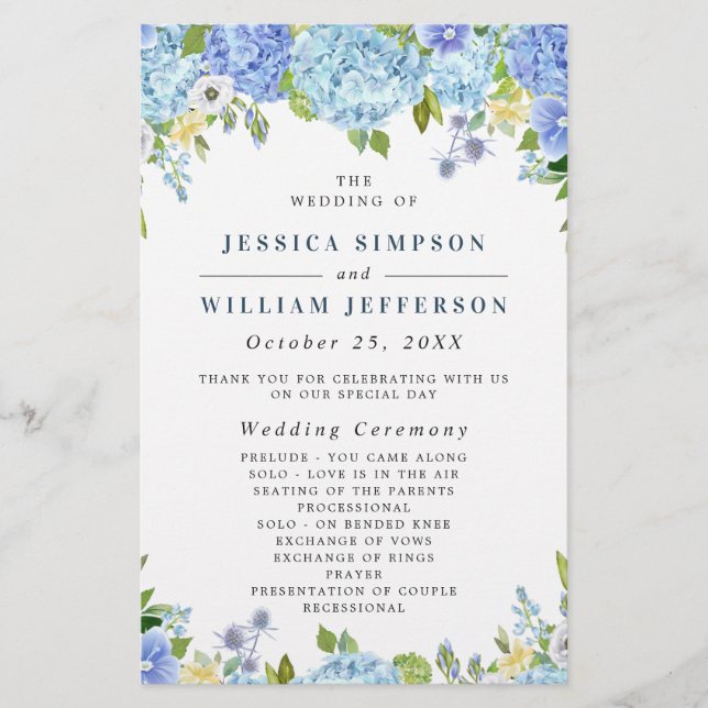 Blue Hydrangea Greenery Wedding Ceremony Program (Front)