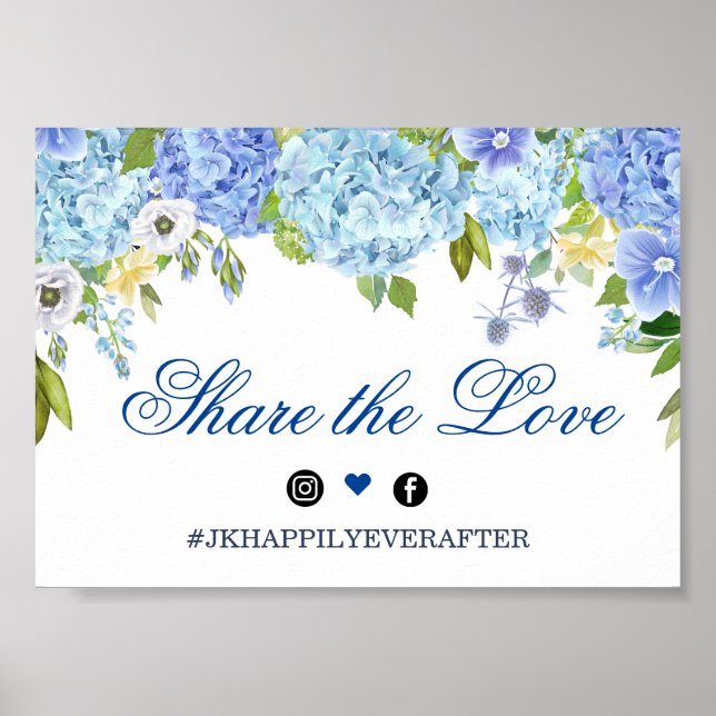 Blue Hydrangea Greenery Wedding Hashtag Sign (Front)