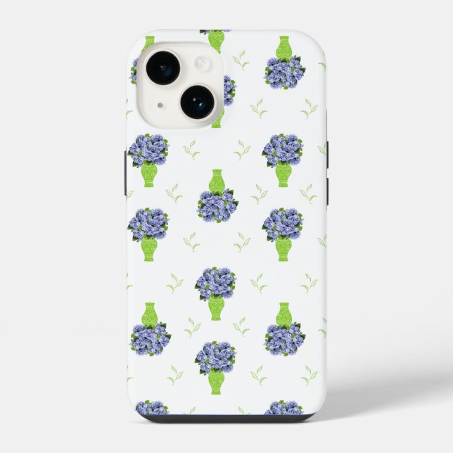 Blue Hydrangea in Green Vase Floral Pattern iPhone Case (Back)