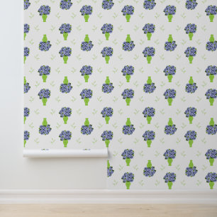 Blue Hydrangea in Green Vase Floral Pattern Wallpaper