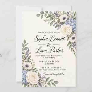 Blue Hydrangea Ivory Floral Wedding Invitation