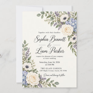 Blue Hydrangea Ivory Rose Wedding Invitation