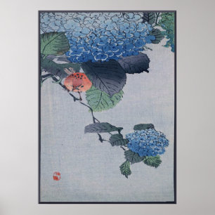 Blue Hydrangea Japanese Woodcut with Bird Poster