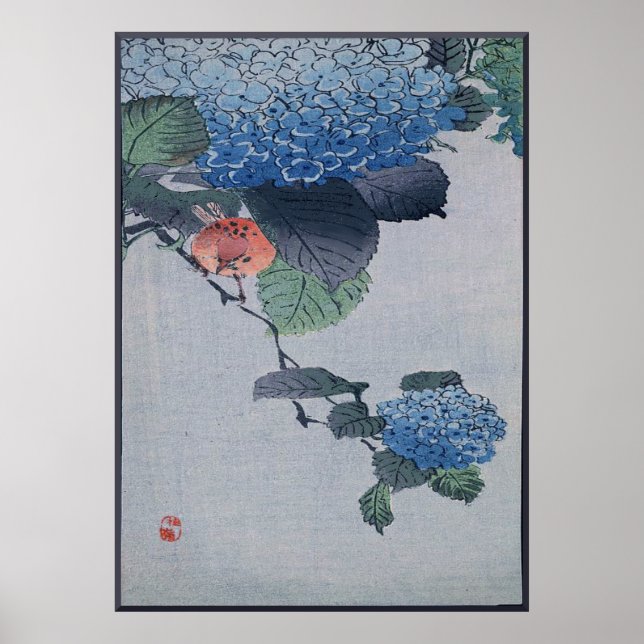 Blue Hydrangea Japanese Woodcut with Bird Poster (Front)