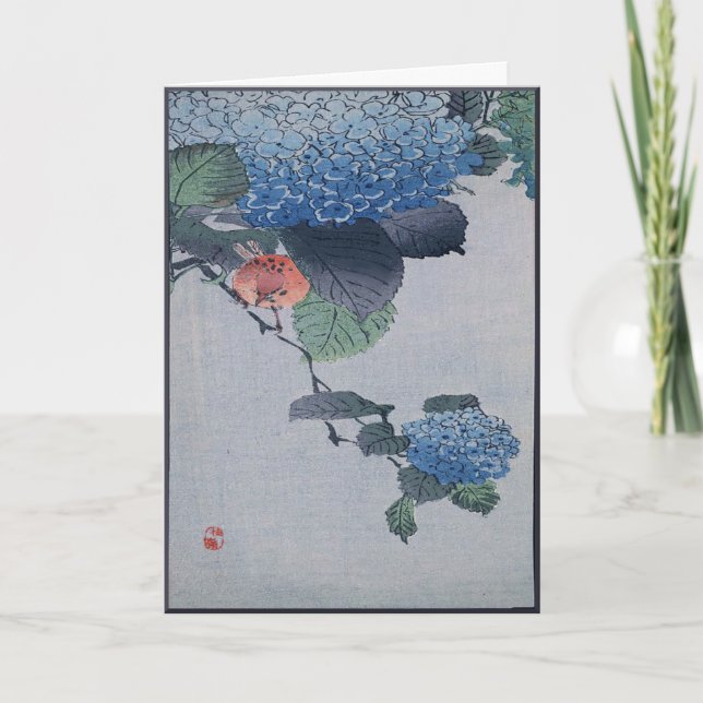Blue Hydrangea Japanese Woodcut with Verse Card (Front)