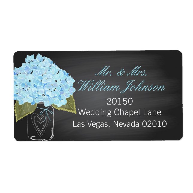 Blue Hydrangea Jar Chalkboard Wedding Label (Front)