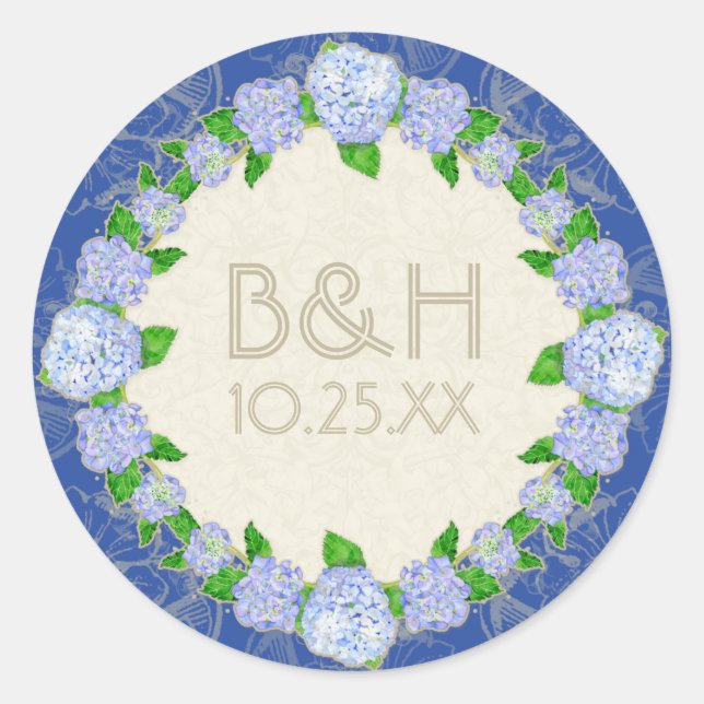 Blue Hydrangea Lace Floral Formal Elegant Weddings Classic Round Sticker (Front)