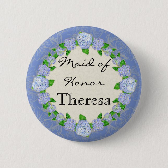Blue Hydrangea Lace Floral Formal Maid of Honour 2 Inch Round Button (Front)