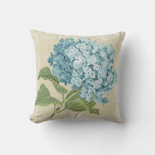 Blue hydrangea & lace floral vintage pillow (Front)