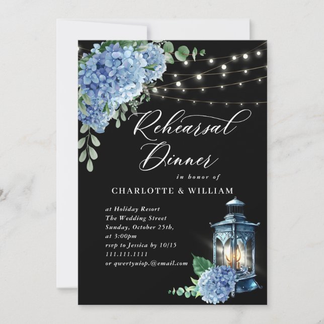 Blue Hydrangea Lantern Black Back Rehearsal Dinner Invitation (Front)
