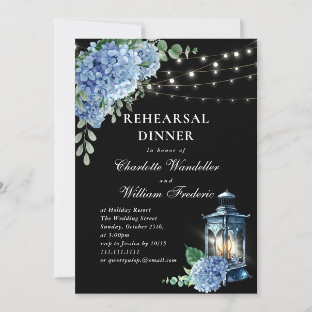 Blue Hydrangea Lantern Black Back Rehearsal Dinner Invitation (Front)