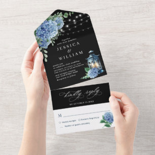 Blue Hydrangea Lantern Black Background Wedding All In One Invitation