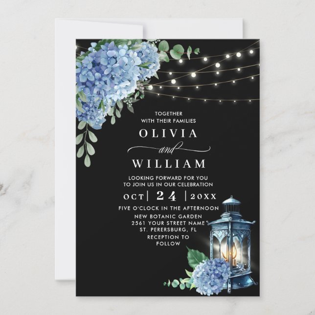Blue Hydrangea Lantern Black Background Wedding Invitation (Front)