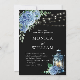 Blue Hydrangea Lantern Black Background Wedding Invitation