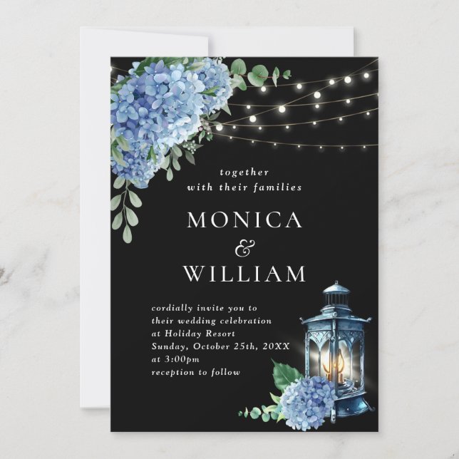 Blue Hydrangea Lantern Black Background Wedding Invitation (Front)
