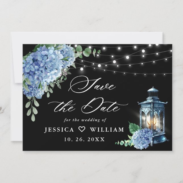 Blue Hydrangea Lantern Black Background Wedding Save The Date (Front)