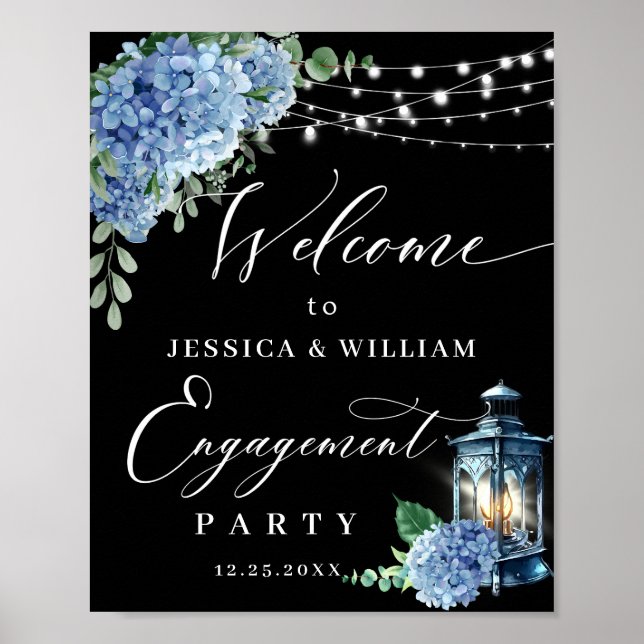 Blue Hydrangea Lantern Black Boho ENGAGEMENT PARTY Poster (Front)