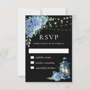 Blue Hydrangea Lantern Black Boho Wedding RSVP Card