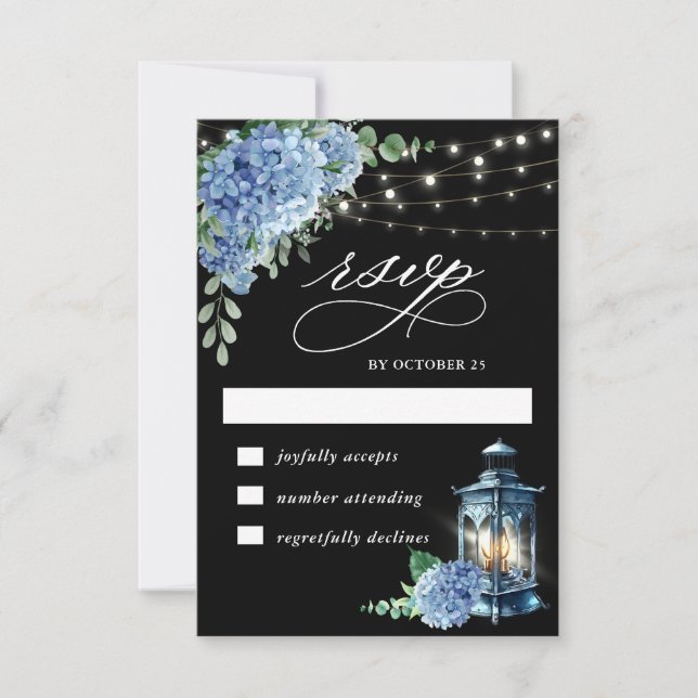 Blue Hydrangea Lantern Black Boho Wedding RSVP Card (Front)