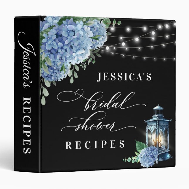 Blue Hydrangea Lantern Black Bridal Shower Recipe Binder (Front/Spine)