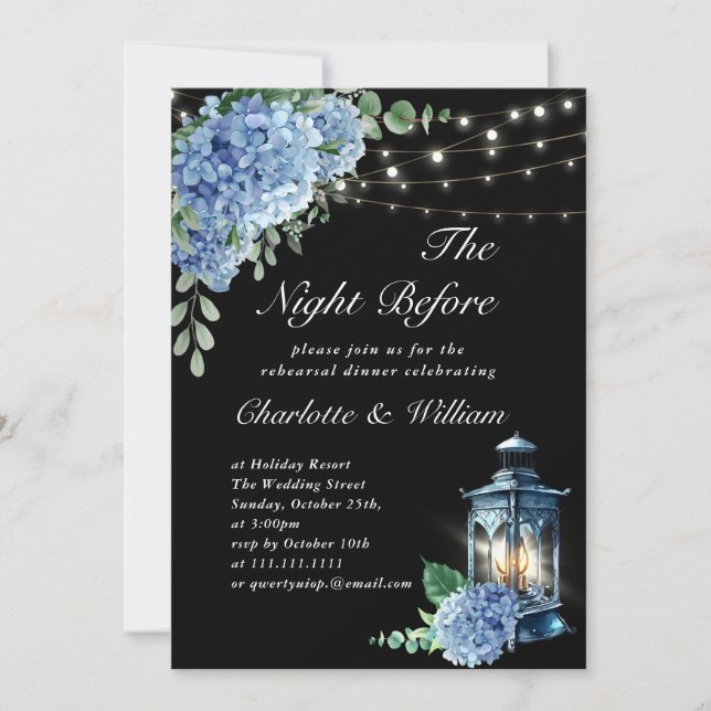 Blue Hydrangea Lantern Boho Black Rehearsal Dinner Invitation (Front)