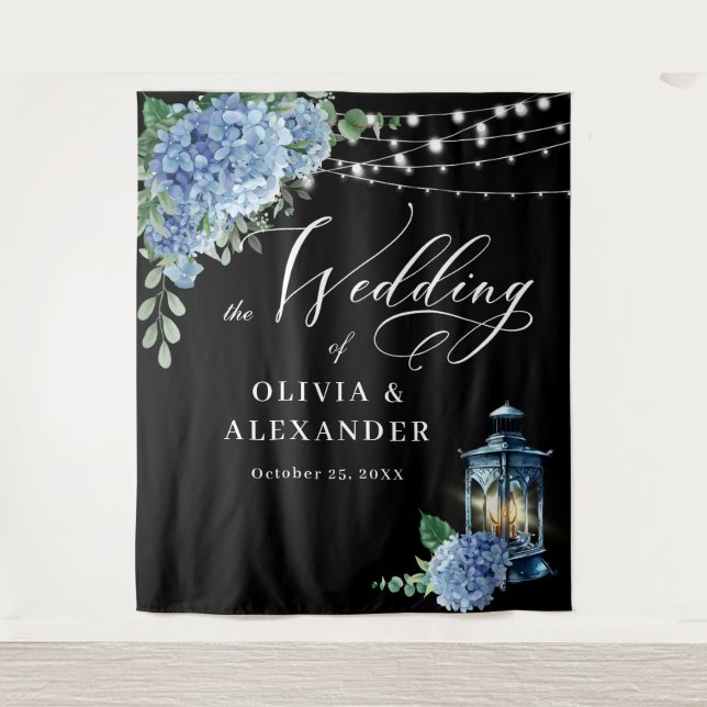 Blue Hydrangea Lantern Boho Photo Wedding Backdrop Tapestry (Front)