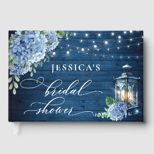 Blue Hydrangea Lantern Navy Wood Bridal Shower Guest Book