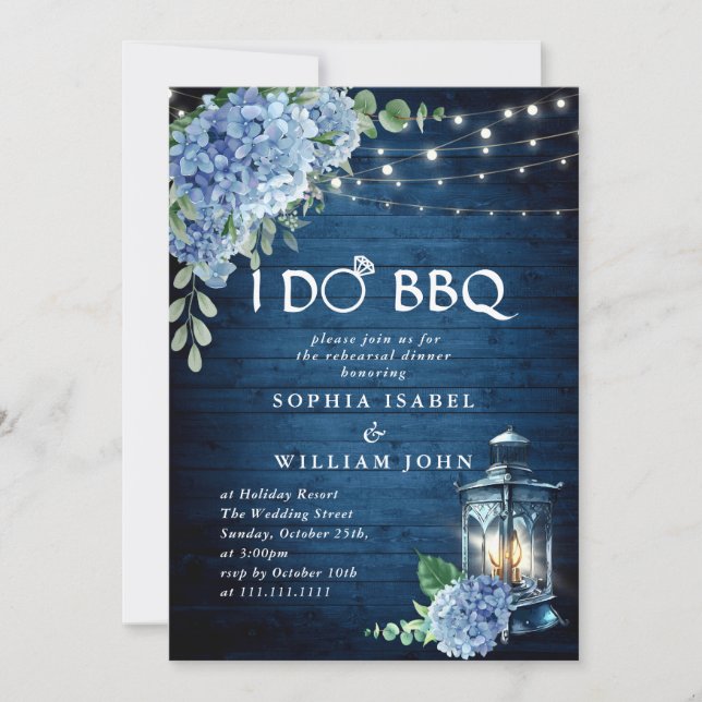 Blue Hydrangea Lantern Navy Wood Rehearsal Dinner Invitation (Front)