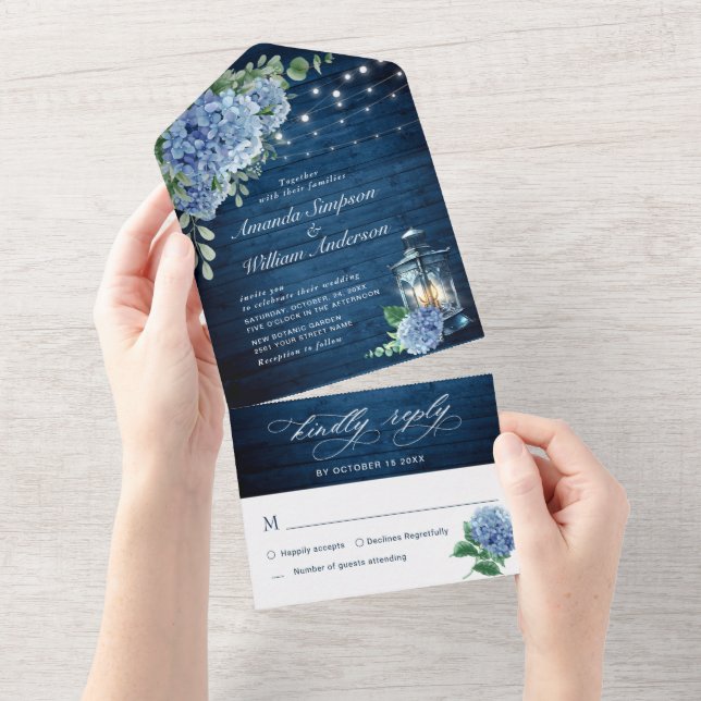 Blue Hydrangea Lantern Navy Wood Wedding All In One Invitation (Tearaway)
