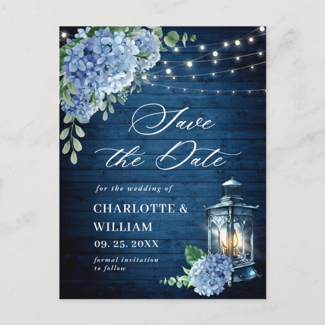 Blue Hydrangea Lantern Wedding Save the Date Postcard (Front)