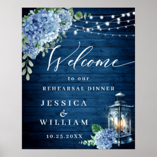 Blue Hydrangea Lantern Wood Boho Rehearsal Dinner Poster
