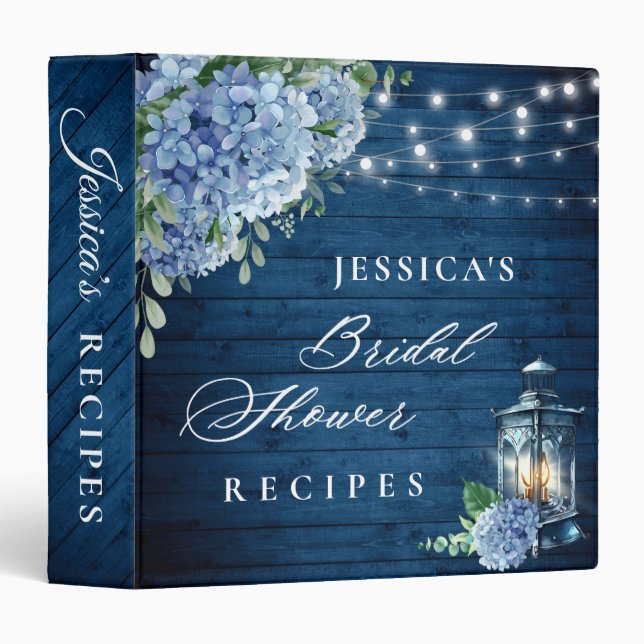 Blue Hydrangea Lantern Wood Bridal Shower Recipe Binder (Front/Spine)