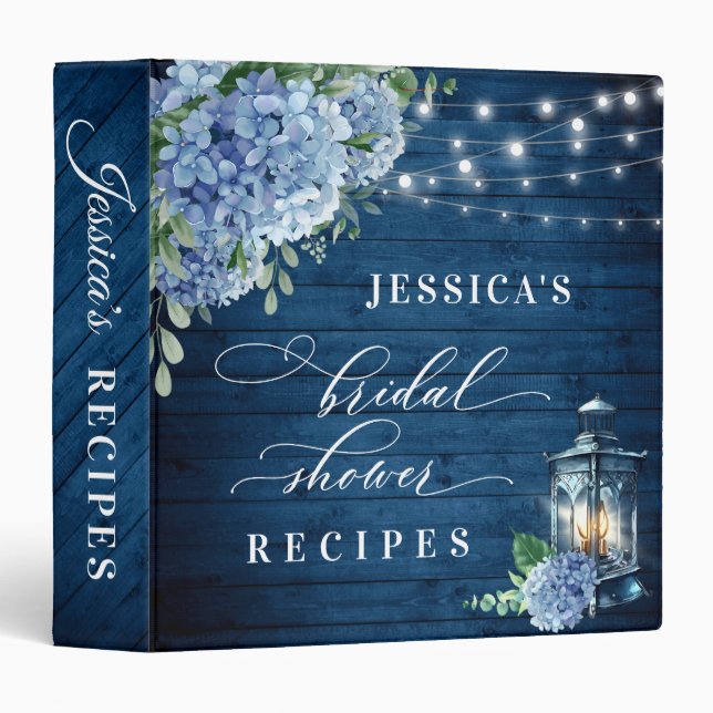 Blue Hydrangea Lantern Wood Bridal Shower Recipe Binder (Front/Spine)