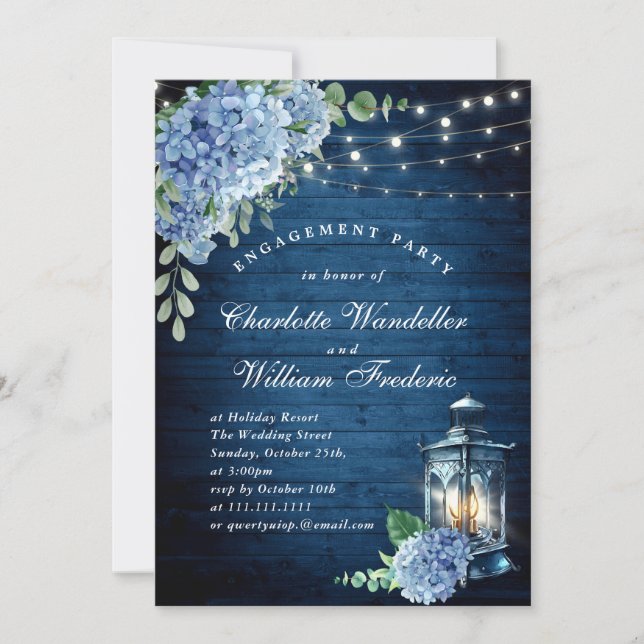 Blue Hydrangea Lantern Wood Engagement Party Invitation (Front)