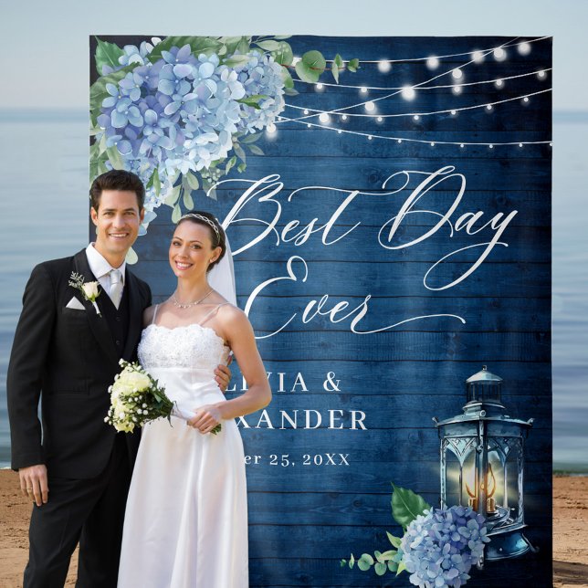Blue Hydrangea Lantern Wood Photo Wedding Backdrop Tapestry (Creator Uploaded)