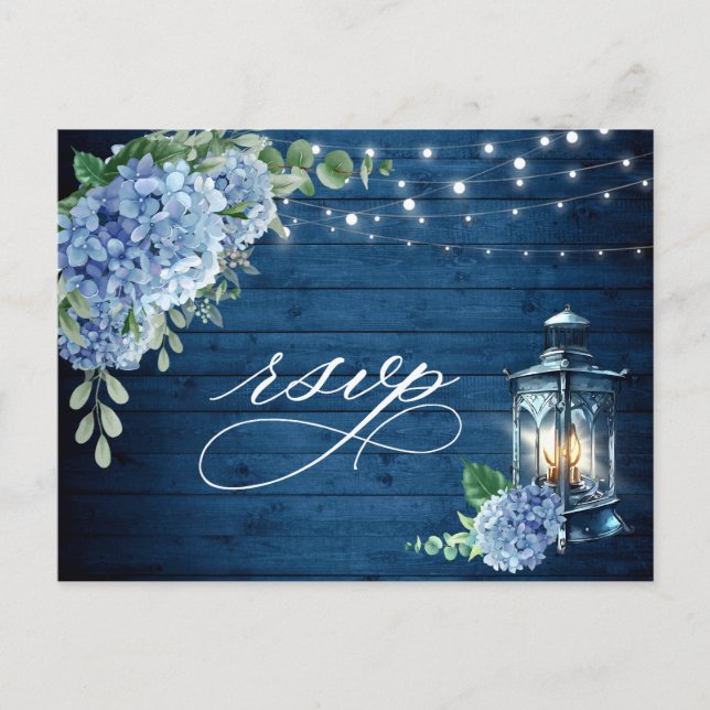 Blue Hydrangea Lantern Wood RSVP Meal Choice Postcard (Front)